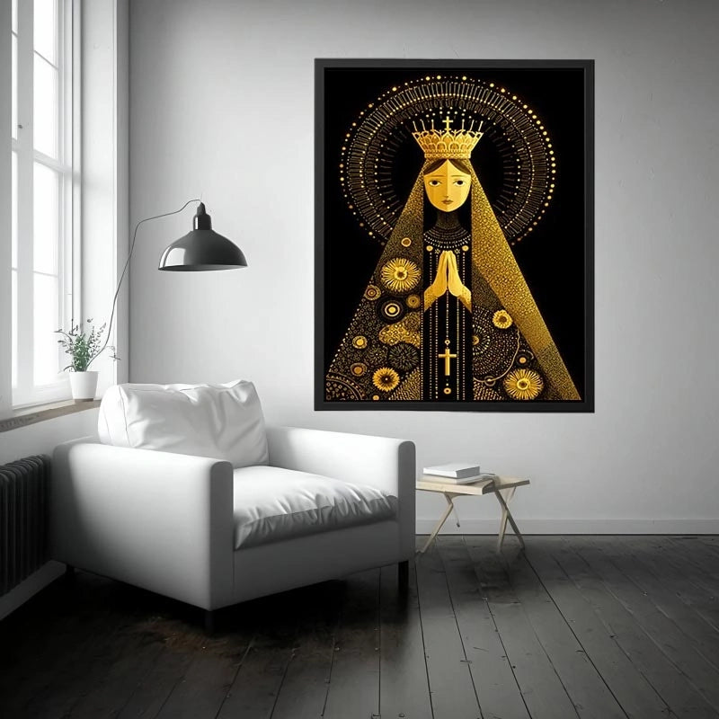 Black and gold Madonna wall art with celestial halo and crown minimalist religious canvas print