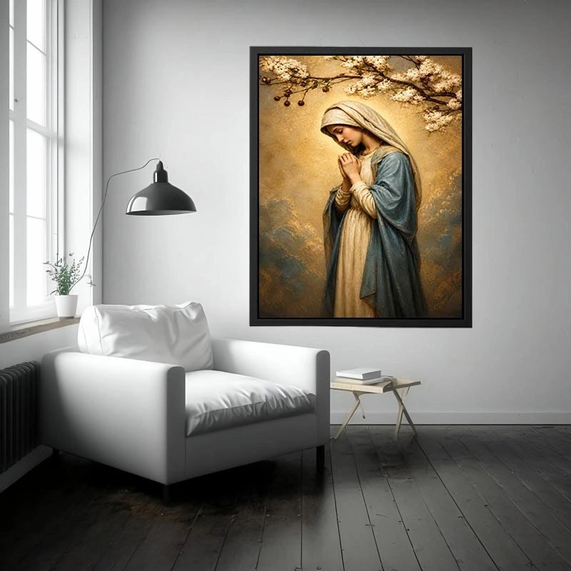 Virgin Mary praying wall art with blossoms and golden halo luxury religious canvas print