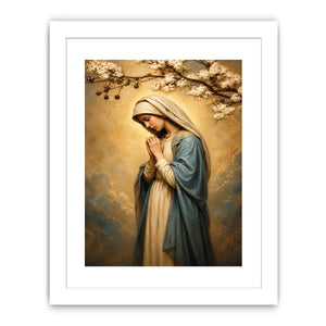 Virgin Mary praying wall art with blossoms and golden halo luxury religious canvas print