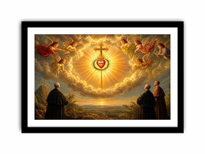 Sacred Heart of Jesus wall art with angels, radiant golden cross, and heavenly clouds in renaissance style canvas print