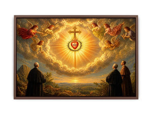 Sacred Heart of Jesus wall art with angels, radiant golden cross, and heavenly clouds in renaissance style canvas print