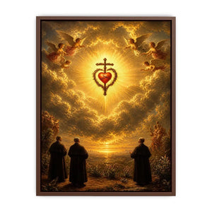 Sacred Heart of Jesus wall art with angels, glowing golden clouds, radiant cross, and heavenly renaissance style canvas print