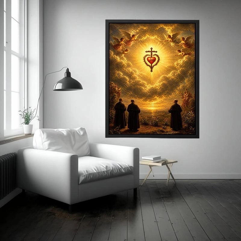 Sacred Heart of Jesus wall art with angels, glowing golden clouds, radiant cross, and heavenly renaissance style canvas print