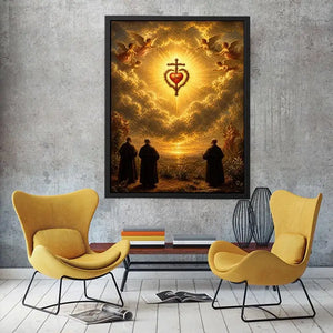 Sacred Heart of Jesus wall art with angels, glowing golden clouds, radiant cross, and heavenly renaissance style canvas print