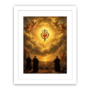 Sacred Heart of Jesus wall art with angels, glowing golden clouds, radiant cross, and heavenly renaissance style canvas print
