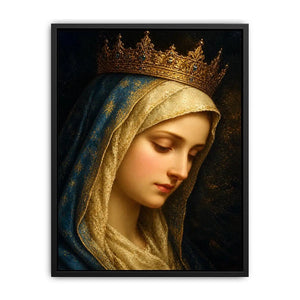 Virgin Mary portrait wall art with golden crown and blue veil in renaissance religious canvas style