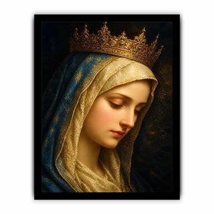 Virgin Mary portrait wall art with golden crown and blue veil in renaissance religious canvas style