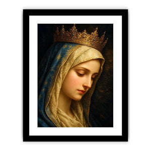 Virgin Mary portrait wall art with golden crown and blue veil in renaissance religious canvas style