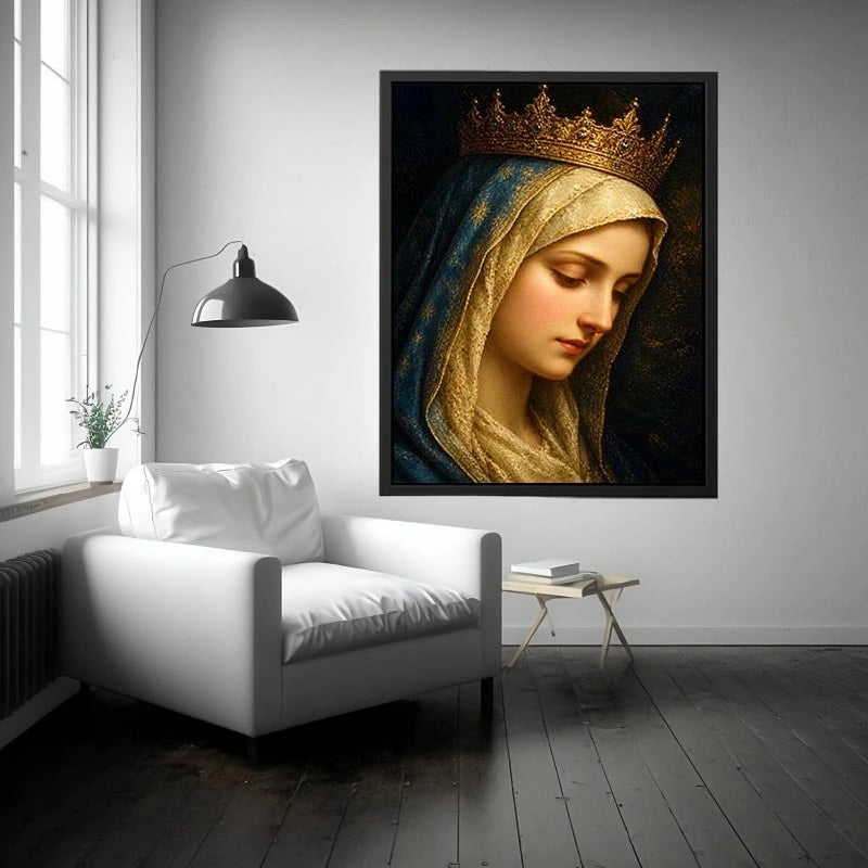 Virgin Mary portrait wall art with golden crown and blue veil in renaissance religious canvas style