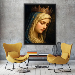 Virgin Mary portrait wall art with golden crown and blue veil in renaissance religious canvas style