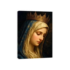 Virgin Mary portrait wall art with golden crown and blue veil in renaissance religious canvas style