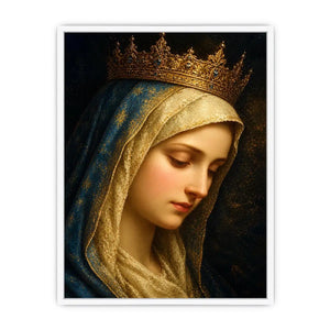 Virgin Mary portrait wall art with golden crown and blue veil in renaissance religious canvas style