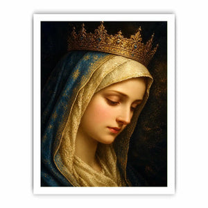 Virgin Mary portrait wall art with golden crown and blue veil in renaissance religious canvas style
