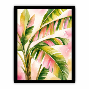 Tropical banana leaf watercolor wall art in blush pink and green botanical canvas print