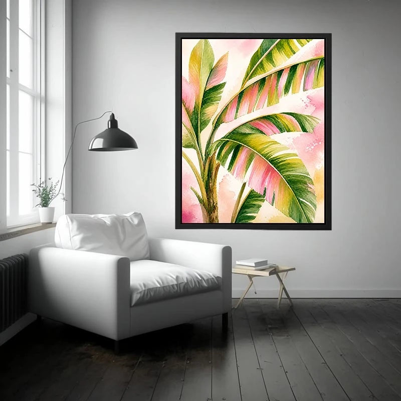 Tropical banana leaf watercolor wall art in blush pink and green botanical canvas print
