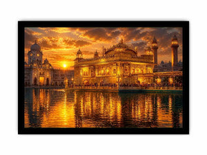 Golden Temple wall art featuring illuminated sacred Sikh architecture, glowing sunset sky, reflective water, and luxurious spiritual landscape photography for elegant interiors