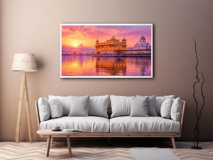 Golden Temple sunrise wall art featuring glowing Sikh architecture, reflective water, pastel pink sky, and luxury spiritual landscape photography for elegant interiors