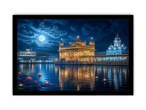 Golden Temple moonlight wall art with illuminated Harmandir Sahib reflection under full moon night sky luxury canvas print