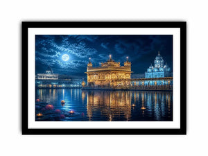 Golden Temple moonlight wall art with illuminated Harmandir Sahib reflection under full moon night sky luxury canvas print