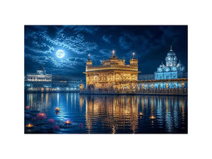 Golden Temple moonlight wall art with illuminated Harmandir Sahib reflection under full moon night sky luxury canvas print