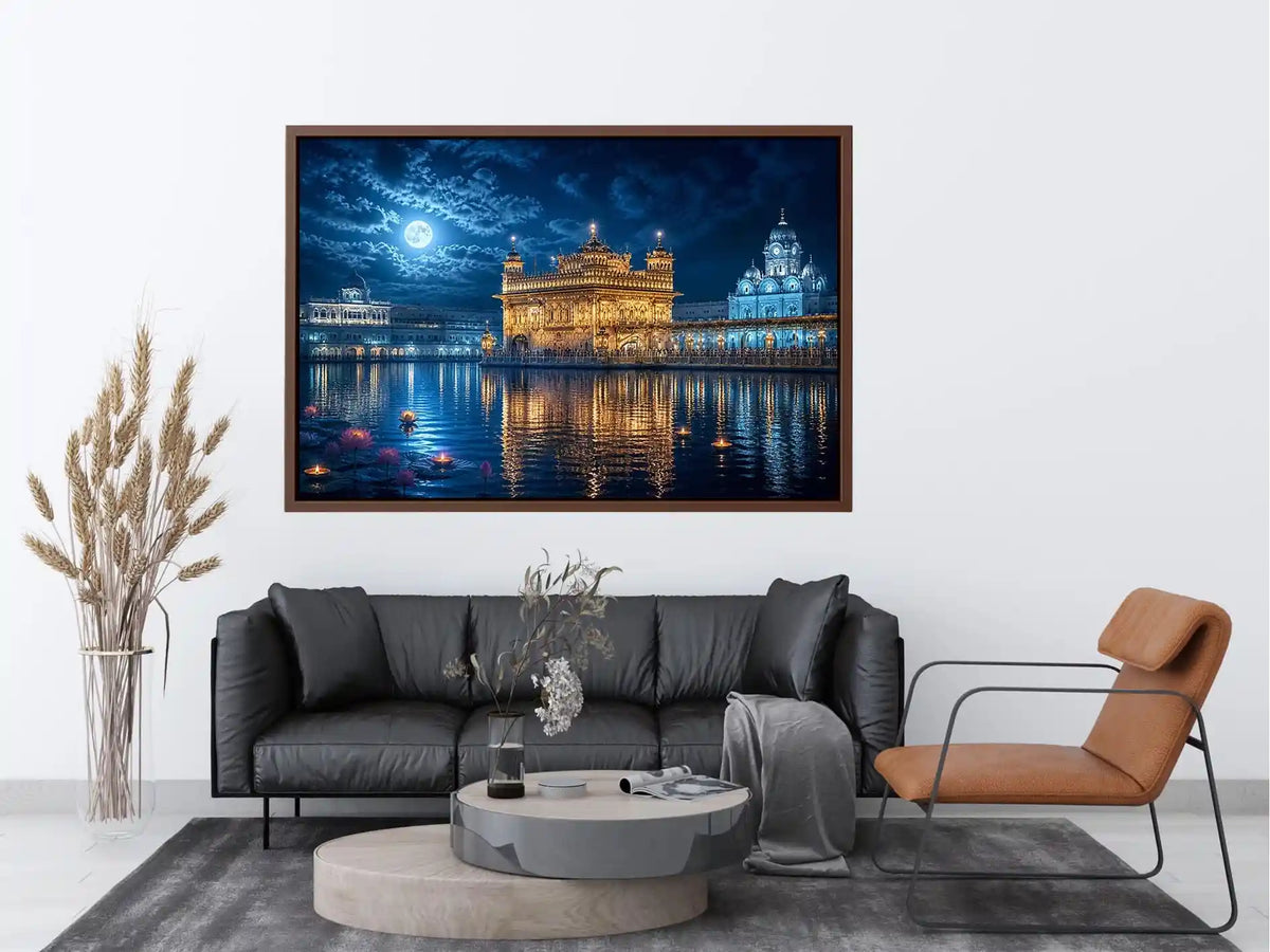 Golden Temple moonlight wall art with illuminated Harmandir Sahib reflection under full moon night sky luxury canvas print
