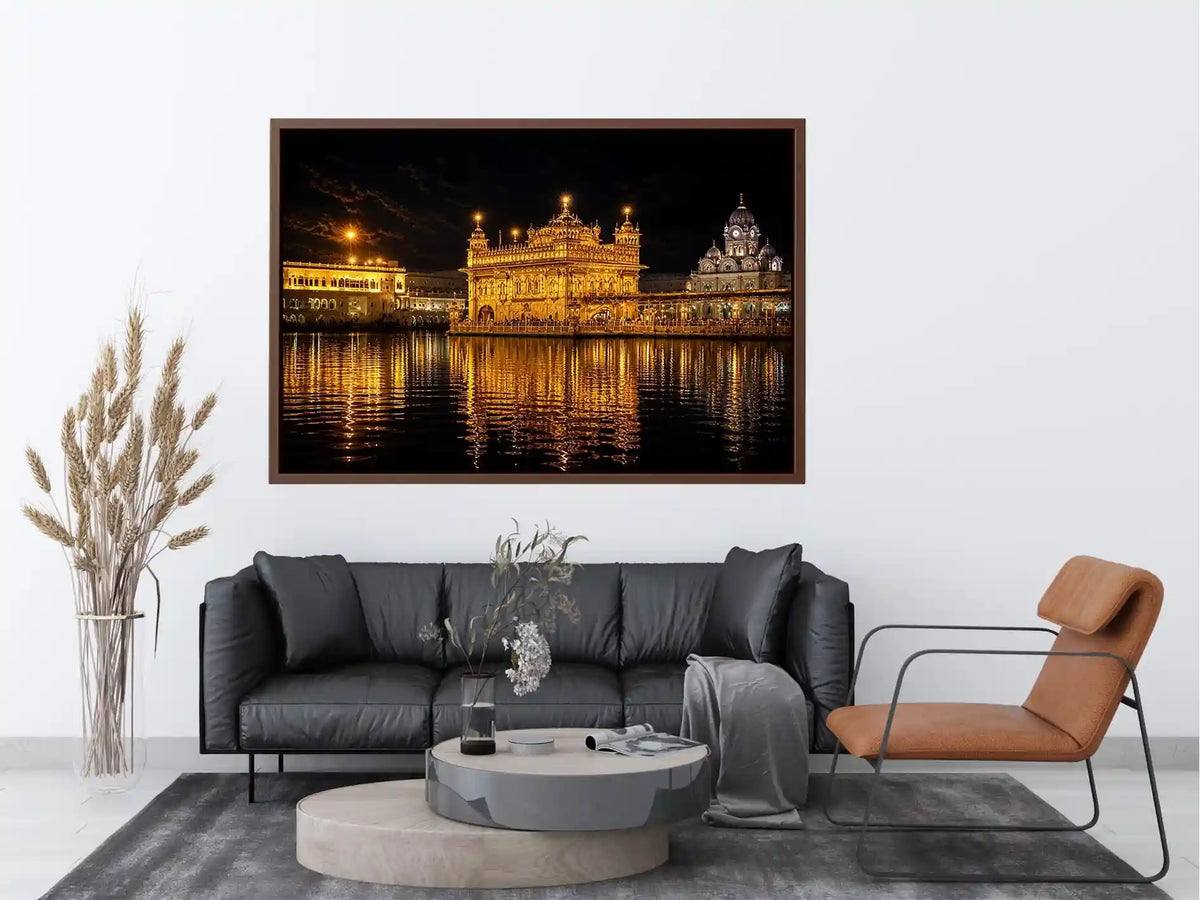 Golden Temple night wall art with glowing Harmandir Sahib reflection in sacred water luxury canvas print