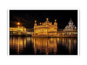 Golden Temple night wall art with glowing Harmandir Sahib reflection in sacred water luxury canvas print