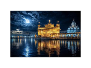 Moonlit Golden Temple wall art with glowing Harmandir Sahib reflections under full moon luxury canvas print