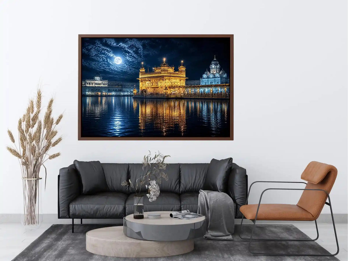Moonlit Golden Temple wall art with glowing Harmandir Sahib reflections under full moon luxury canvas print