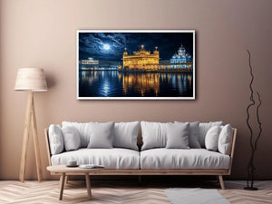 Moonlit Golden Temple wall art with glowing Harmandir Sahib reflections under full moon luxury canvas print