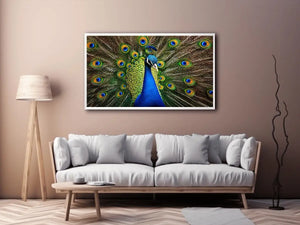 Royal peacock wall art with vibrant blue and green feathers luxury wildlife canvas print