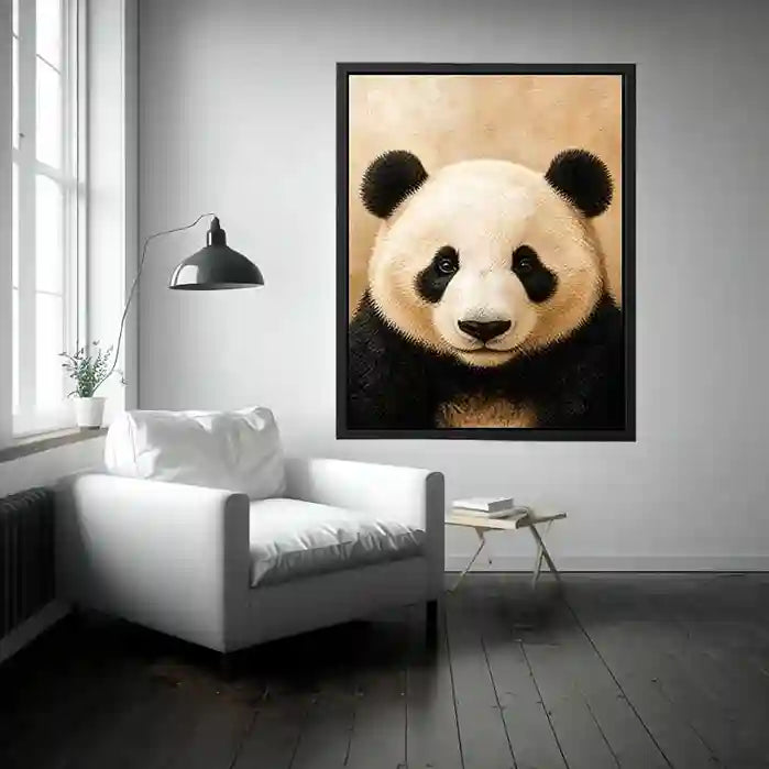 Cute panda portrait wall art canvas print with textured neutral modern animal artwork for serene luxury home decor