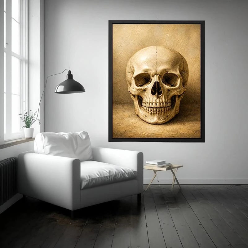 Vintage skull wall art canvas print with neutral gothic anatomy illustration for dark academia and modern luxury decor