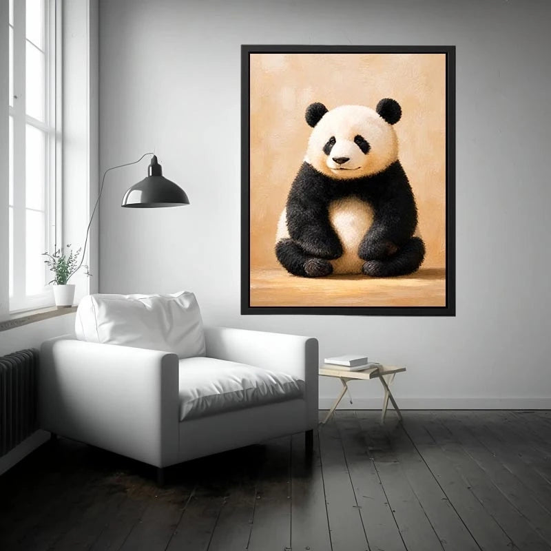 Cute panda wall art canvas print with neutral beige tones and minimalist wildlife painting for cozy modern home decor