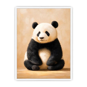 Cute panda wall art canvas print with neutral beige tones and minimalist wildlife painting for cozy modern home decor