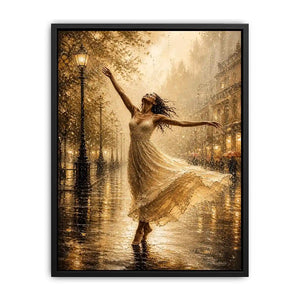 Elegant dancing woman wall art canvas print with golden rain city scene and romantic impressionist decor