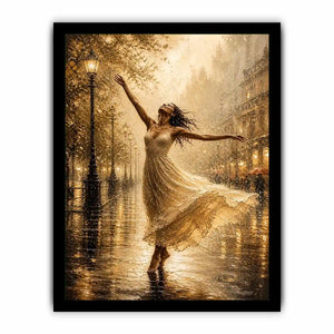 Elegant dancing woman wall art canvas print with golden rain city scene and romantic impressionist decor
