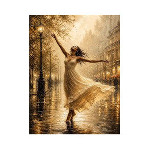 Elegant dancing woman wall art canvas print with golden rain city scene and romantic impressionist decor