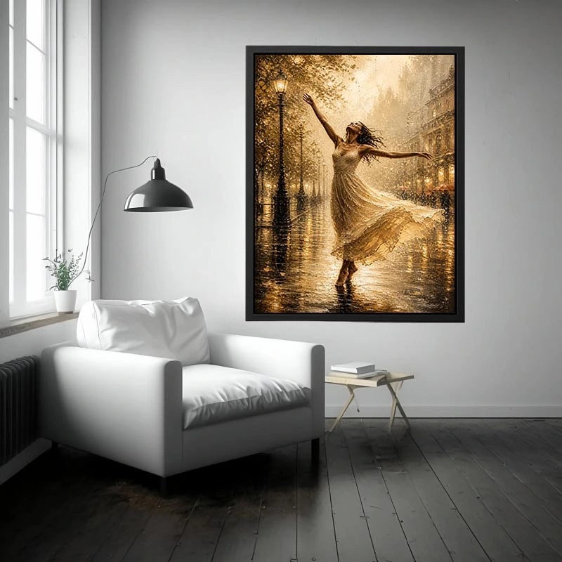 Elegant dancing woman wall art canvas print with golden rain city scene and romantic impressionist decor