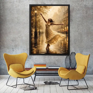 Elegant dancing woman wall art canvas print with golden rain city scene and romantic impressionist decor