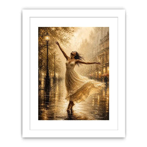 Elegant dancing woman wall art canvas print with golden rain city scene and romantic impressionist decor