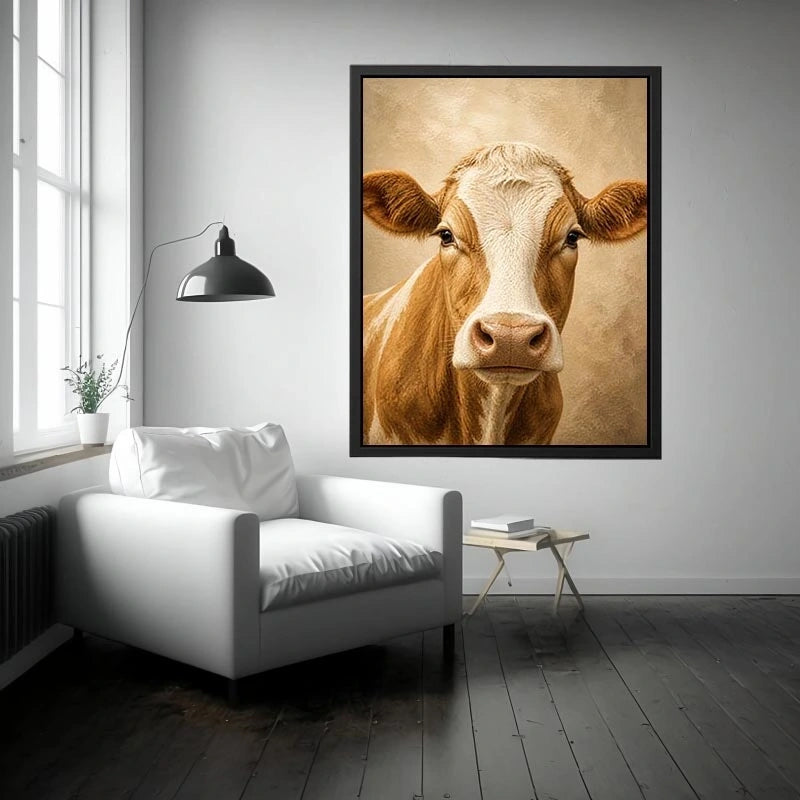 Rustic cow wall art canvas print with neutral farmhouse animal painting for cozy country home decor
