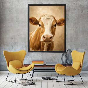 Rustic cow wall art canvas print with neutral farmhouse animal painting for cozy country home decor