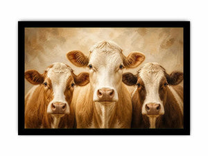 Three cow portrait wall art in warm neutral farmhouse style with textured oil painting effect and rustic contemporary canvas decor