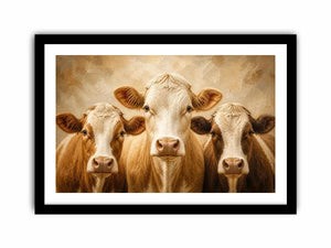 Three cow portrait wall art in warm neutral farmhouse style with textured oil painting effect and rustic contemporary canvas decor