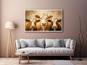 Three cow portrait wall art in warm neutral farmhouse style with textured oil painting effect and rustic contemporary canvas decor