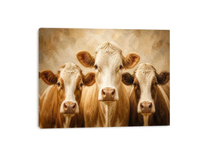Three cow portrait wall art in warm neutral farmhouse style with textured oil painting effect and rustic contemporary canvas decor