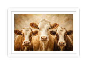 Three cow portrait wall art in warm neutral farmhouse style with textured oil painting effect and rustic contemporary canvas decor