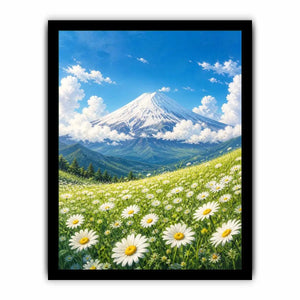 Mount Fuji landscape wall art with blooming daisy meadow blue sky and snow mountain in serene Japandi painting style