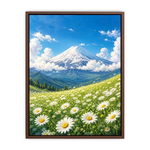 Mount Fuji landscape wall art with blooming daisy meadow blue sky and snow mountain in serene Japandi painting style